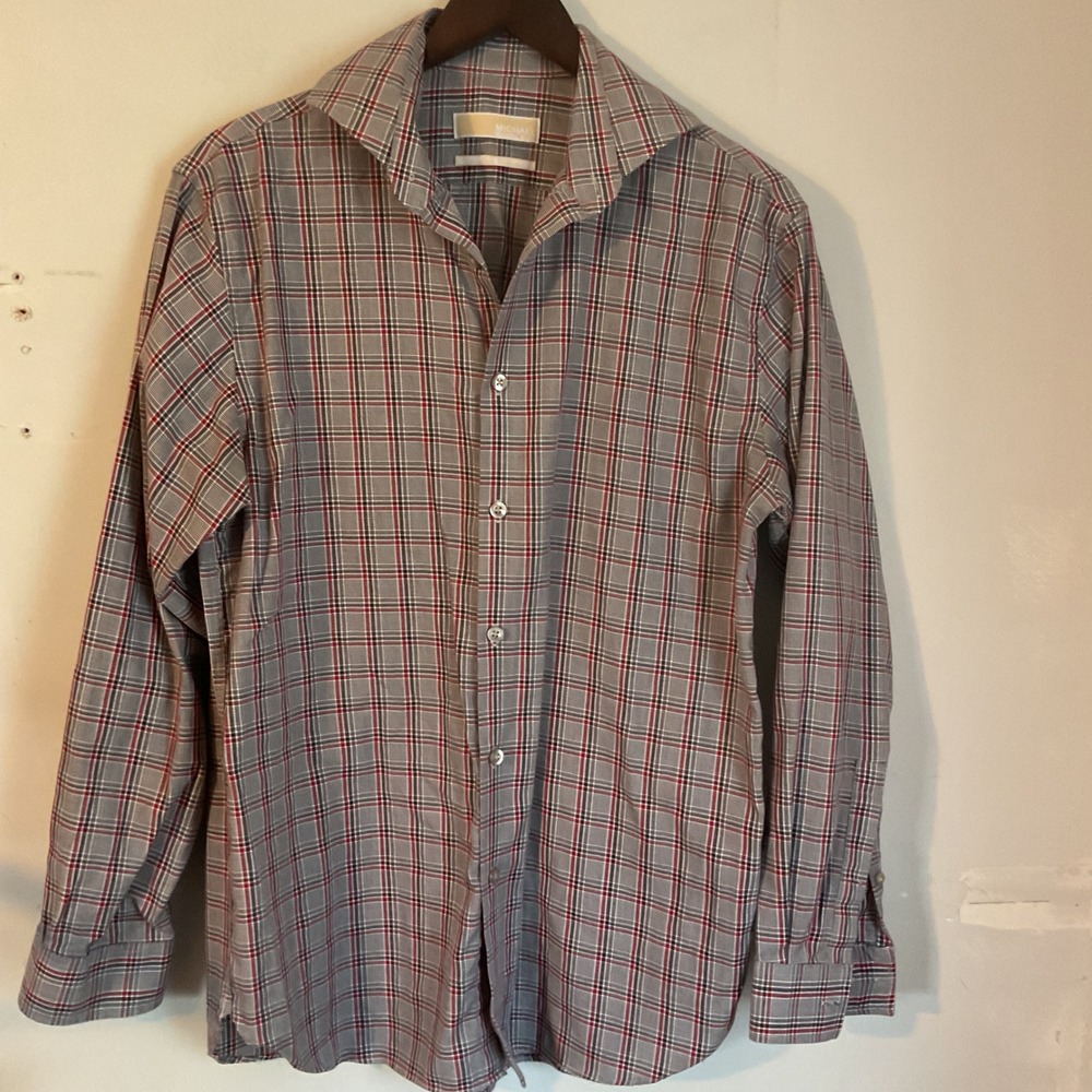 Michael Kors Slim Fit Non Iron Plaid Dress Shirt Gray Red 16 1/2